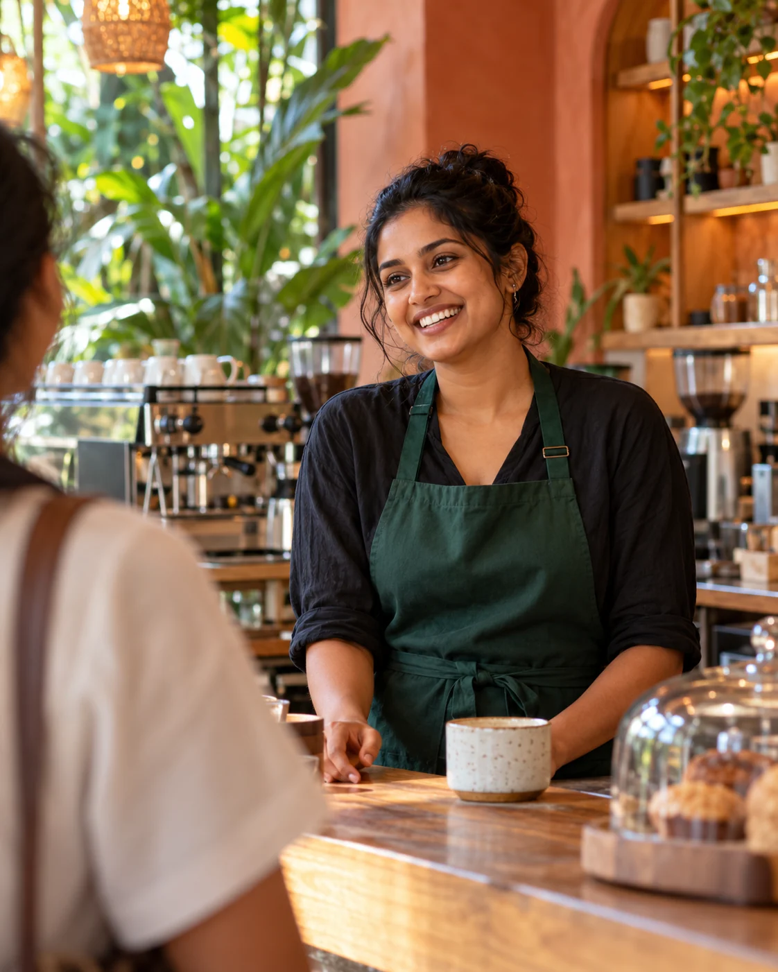 Illustrative café owner listening to a customer across the counter